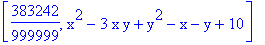 [383242/999999, x^2-3*x*y+y^2-x-y+10]